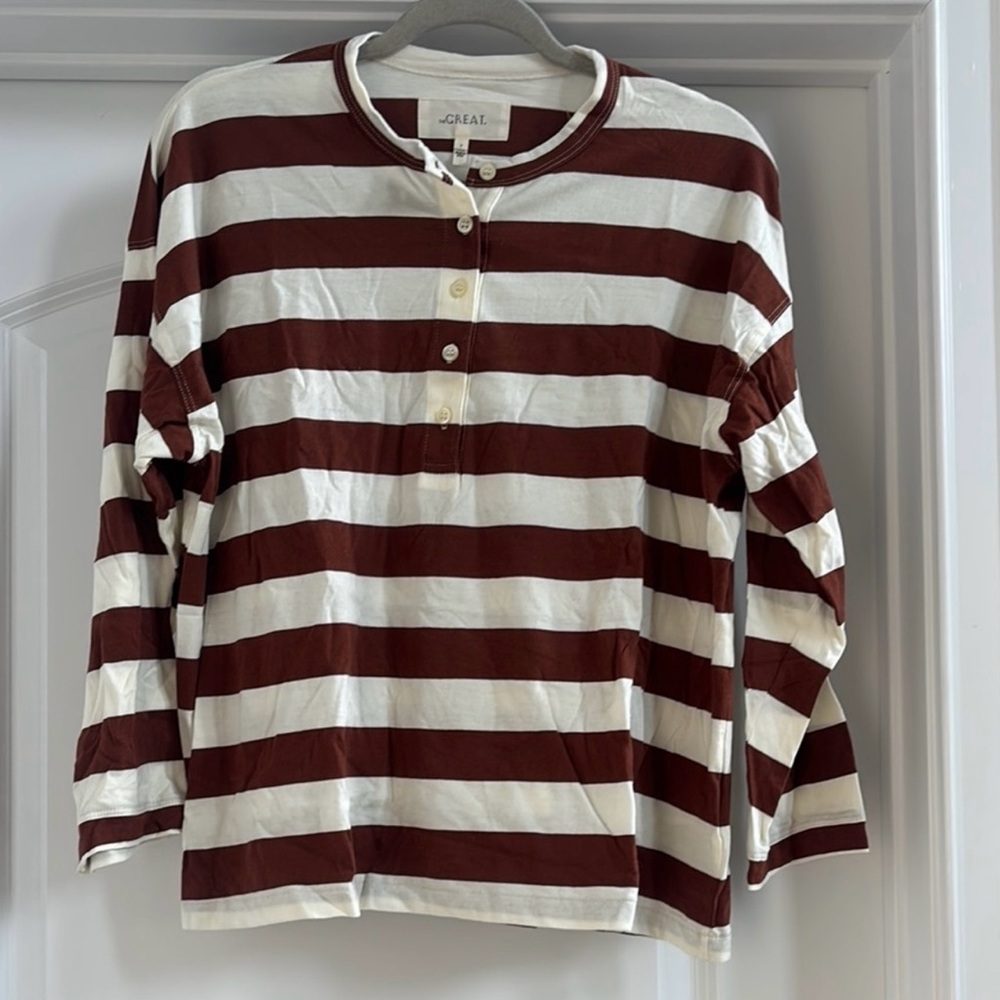 THE GREAT. Brown and White Striped Henley